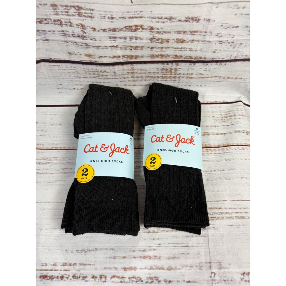 Cat & Jack Girls Black Ribbed Knee High Socks 4 Pair Bundle Size M 9-2.5